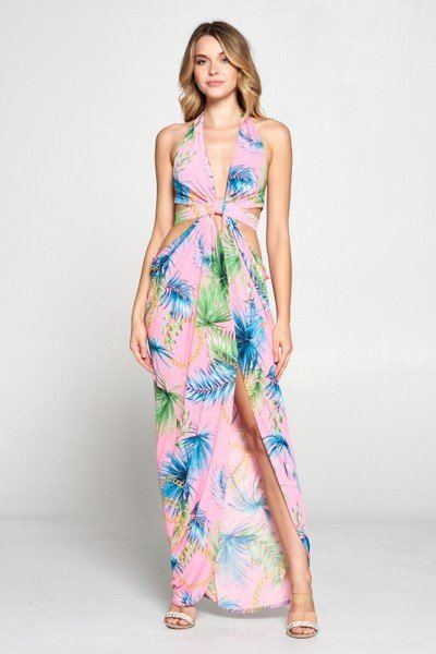 Long Tropical Print Cut Out Dress