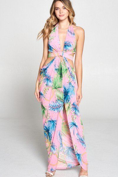 Long Tropical Print Cut Out Dress