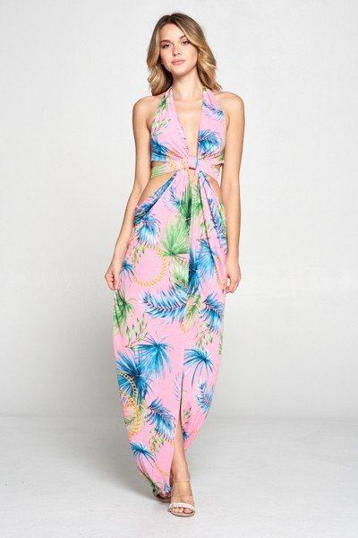 Long Tropical Print Cut Out Dress