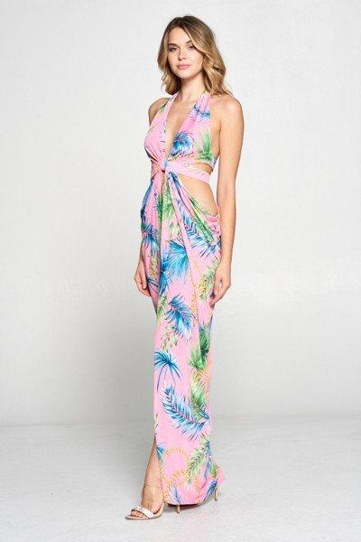 Long Tropical Print Cut Out Dress