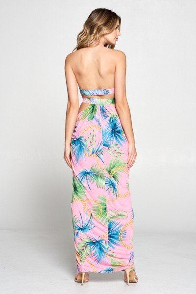 Long Tropical Print Cut Out Dress