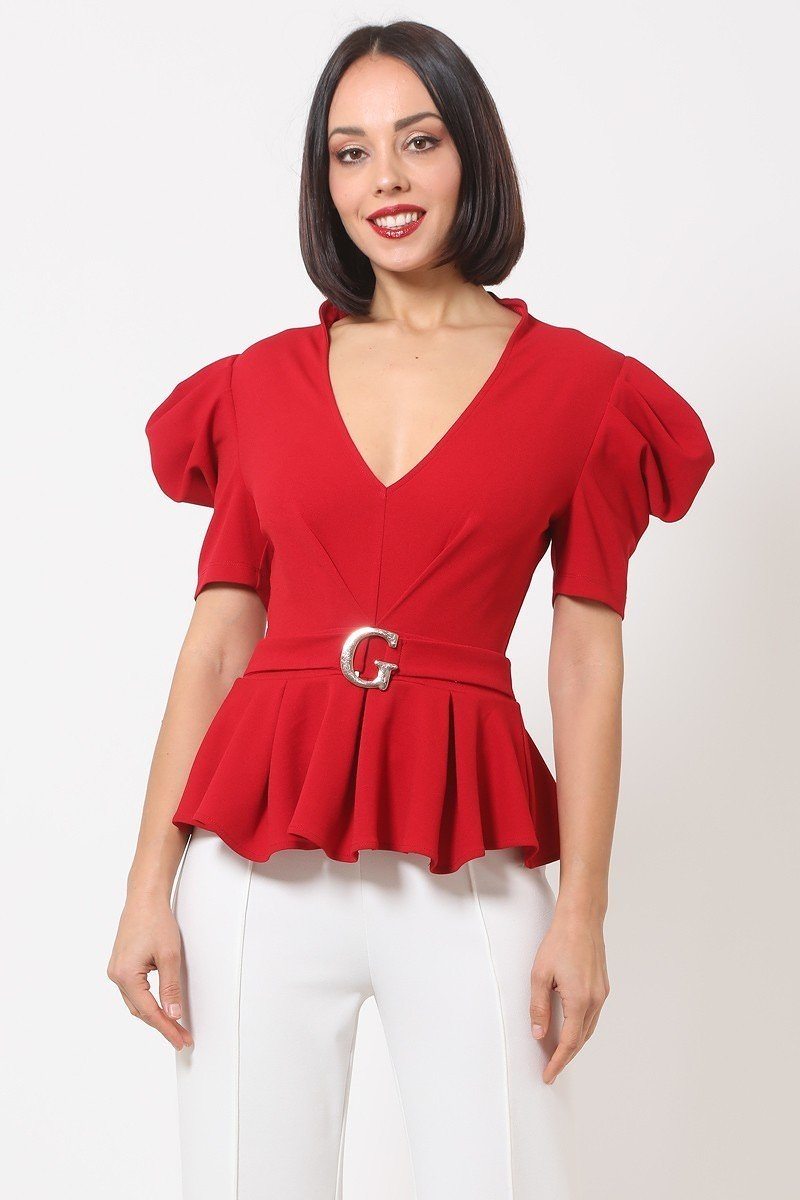 Draped Puff Shoulder Fashion Top With G Buckle Detail