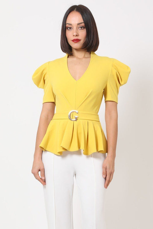 Draped Puff Shoulder Fashion Top With G Buckle Detail