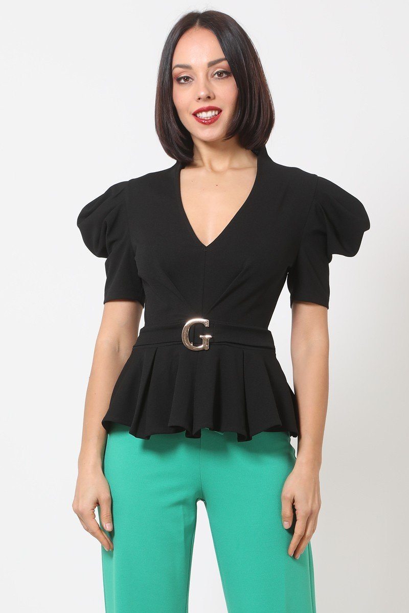 Draped Puff Shoulder Fashion Top With G Buckle Detail