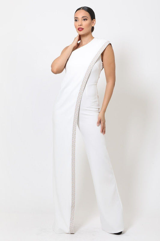 One Shoulder Greek Border Pattern Jumpsuit