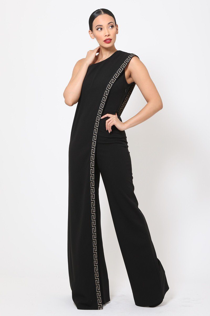 One Shoulder Greek Border Pattern Jumpsuit