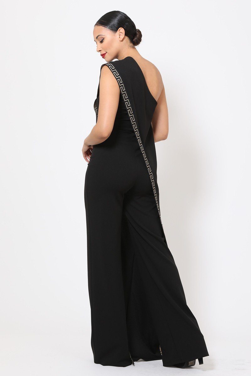 One Shoulder Greek Border Pattern Jumpsuit