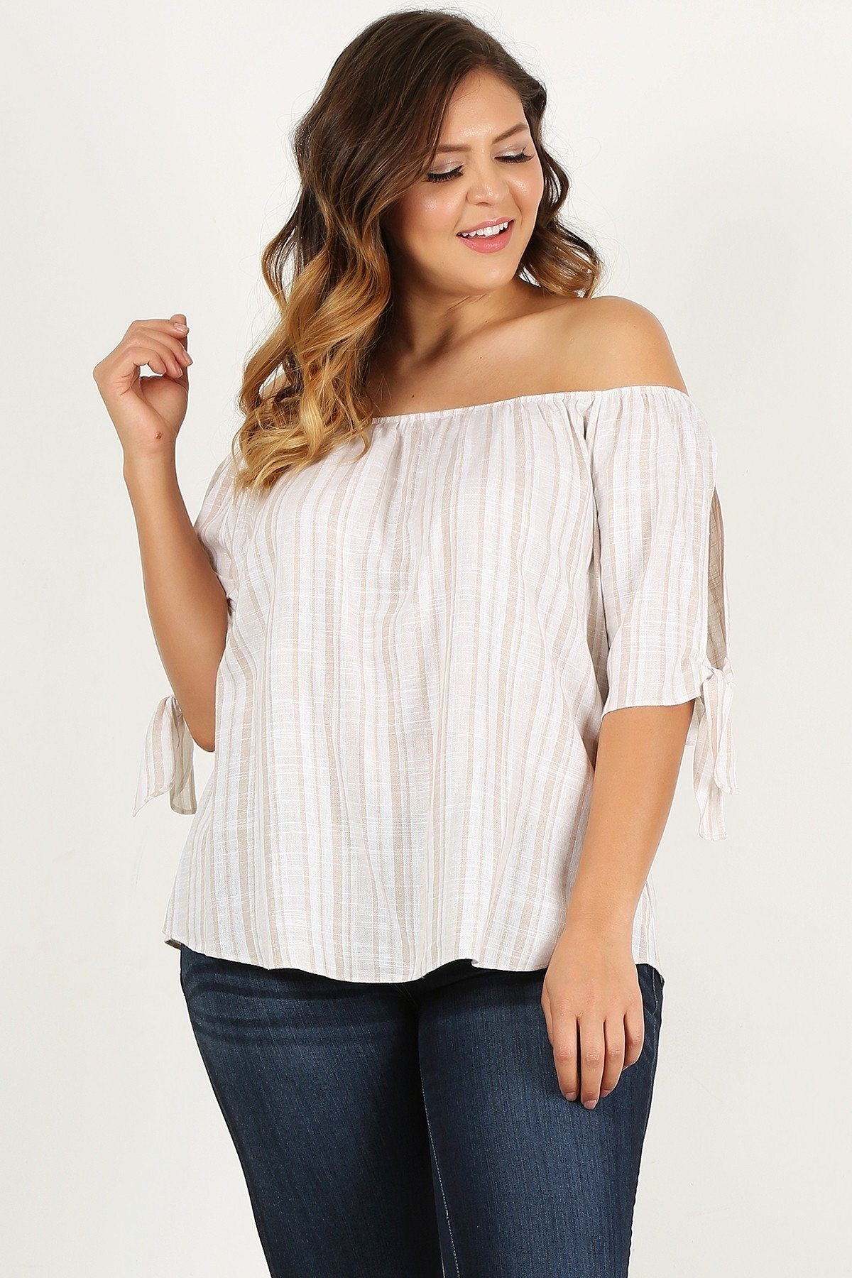 Plus Size Striped, Woven, Off-the-shoulder Top