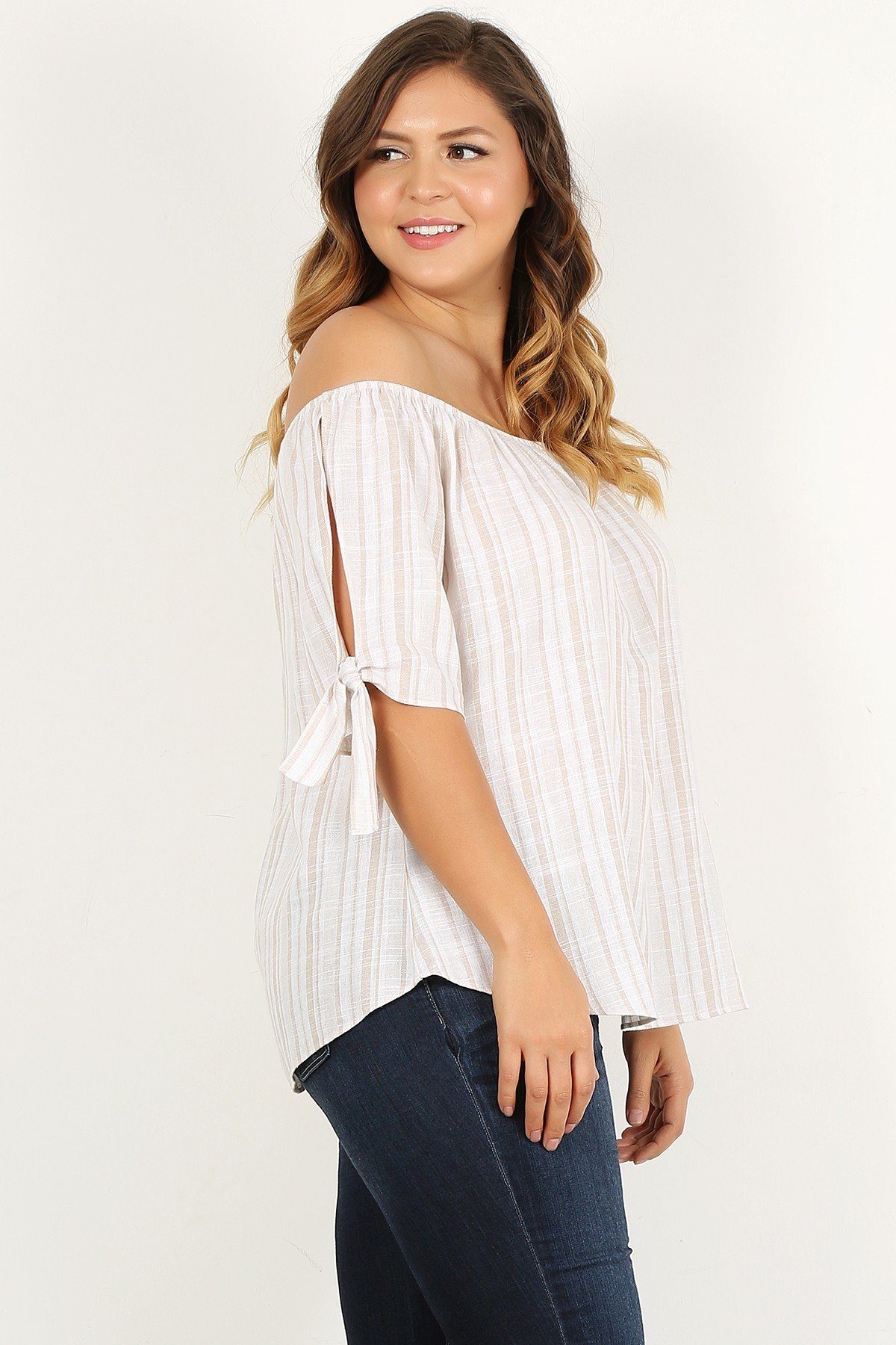 Plus Size Striped, Woven, Off-the-shoulder Top