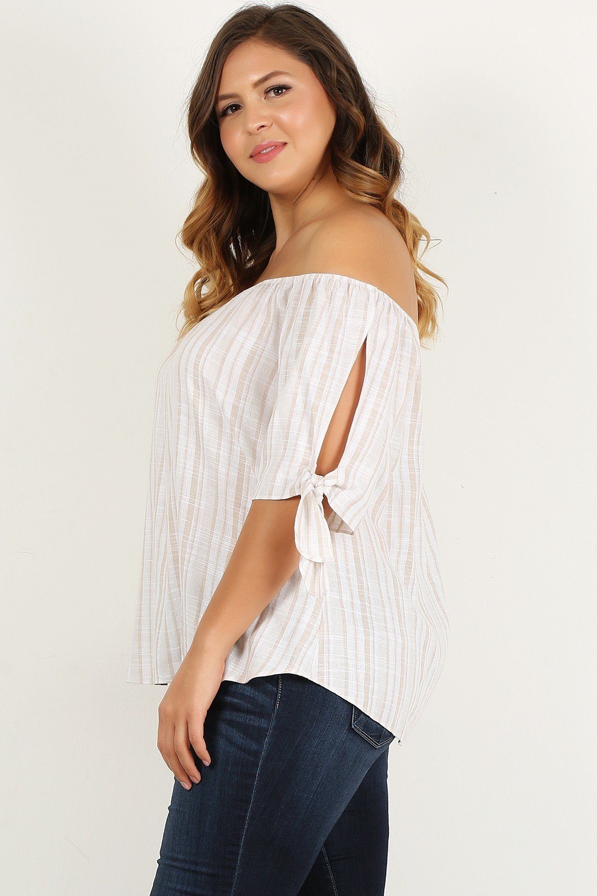 Plus Size Striped, Woven, Off-the-shoulder Top