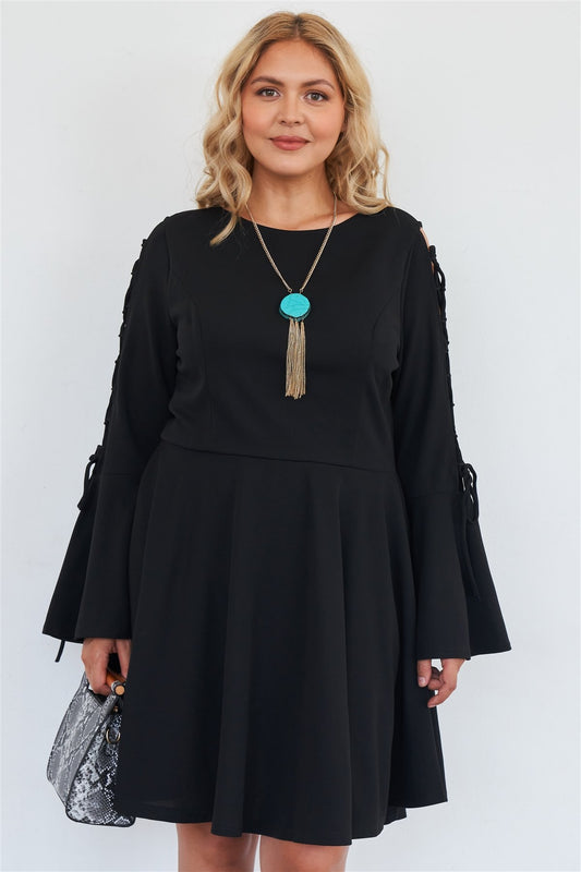 Plus Size Black Lace Up Detail Bell Sleeve Dress