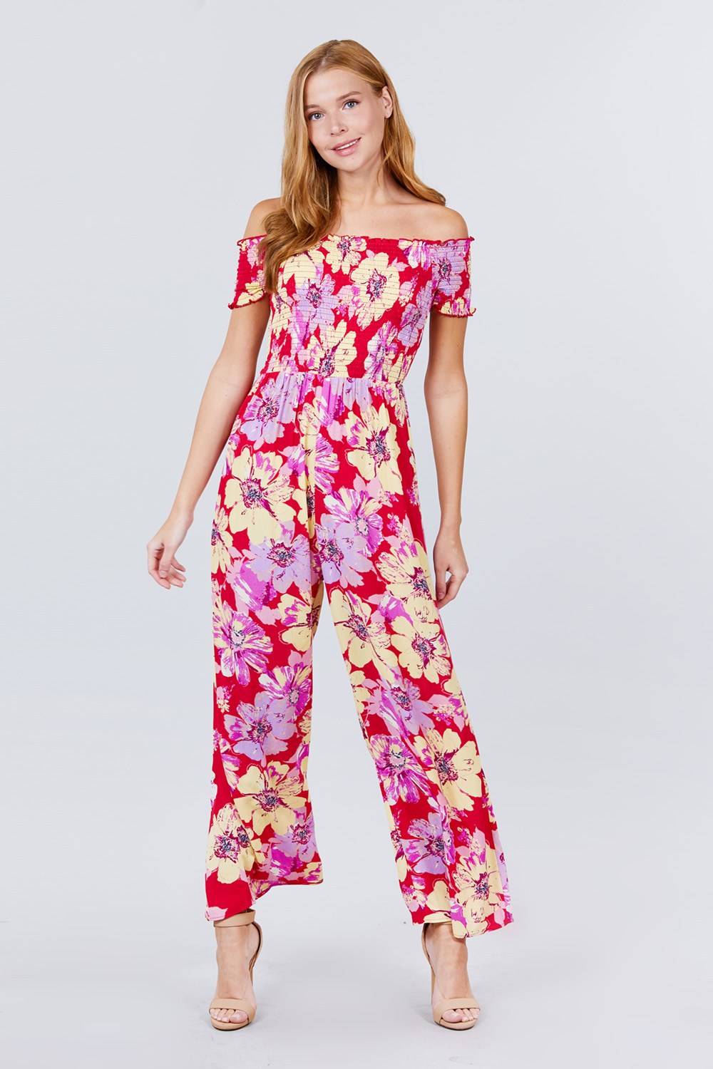 Short Sleeve Off The Shoulder Smocked Detail With Floral Print Long Wide Leg Jumpsuit.