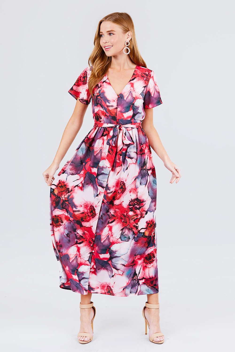 Short Sleeve V-neck Button Down Belted Print Woven Maxi Dress