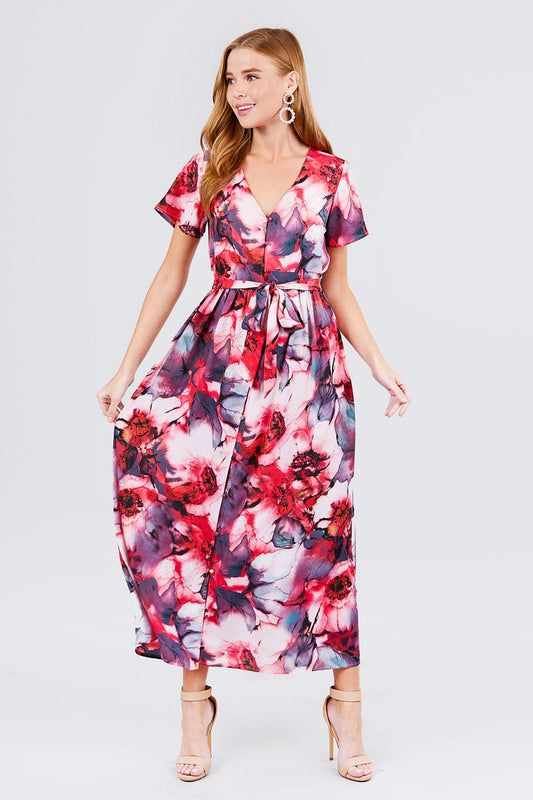 Short Sleeve V-neck Button Down Belted Print Woven Maxi Dress