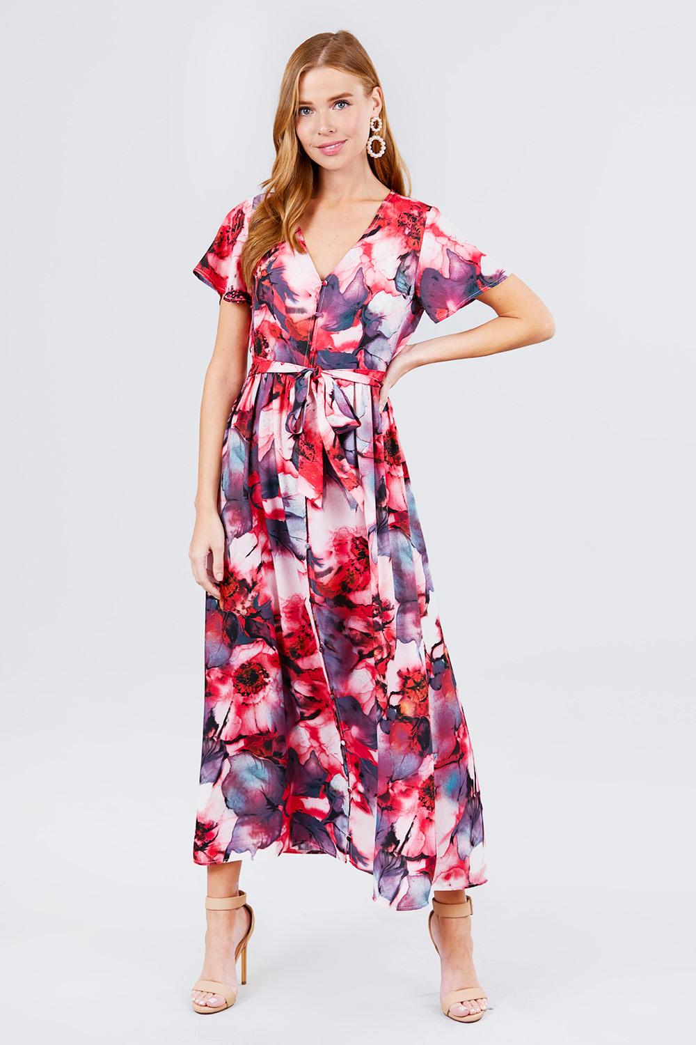 Short Sleeve V-neck Button Down Belted Print Woven Maxi Dress