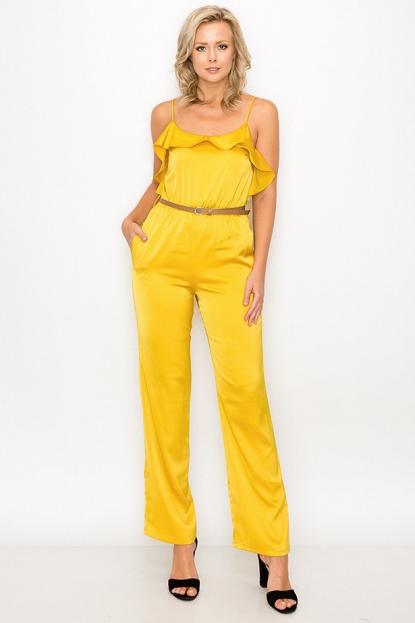 Ruffle Trim Belted Jumpsuit