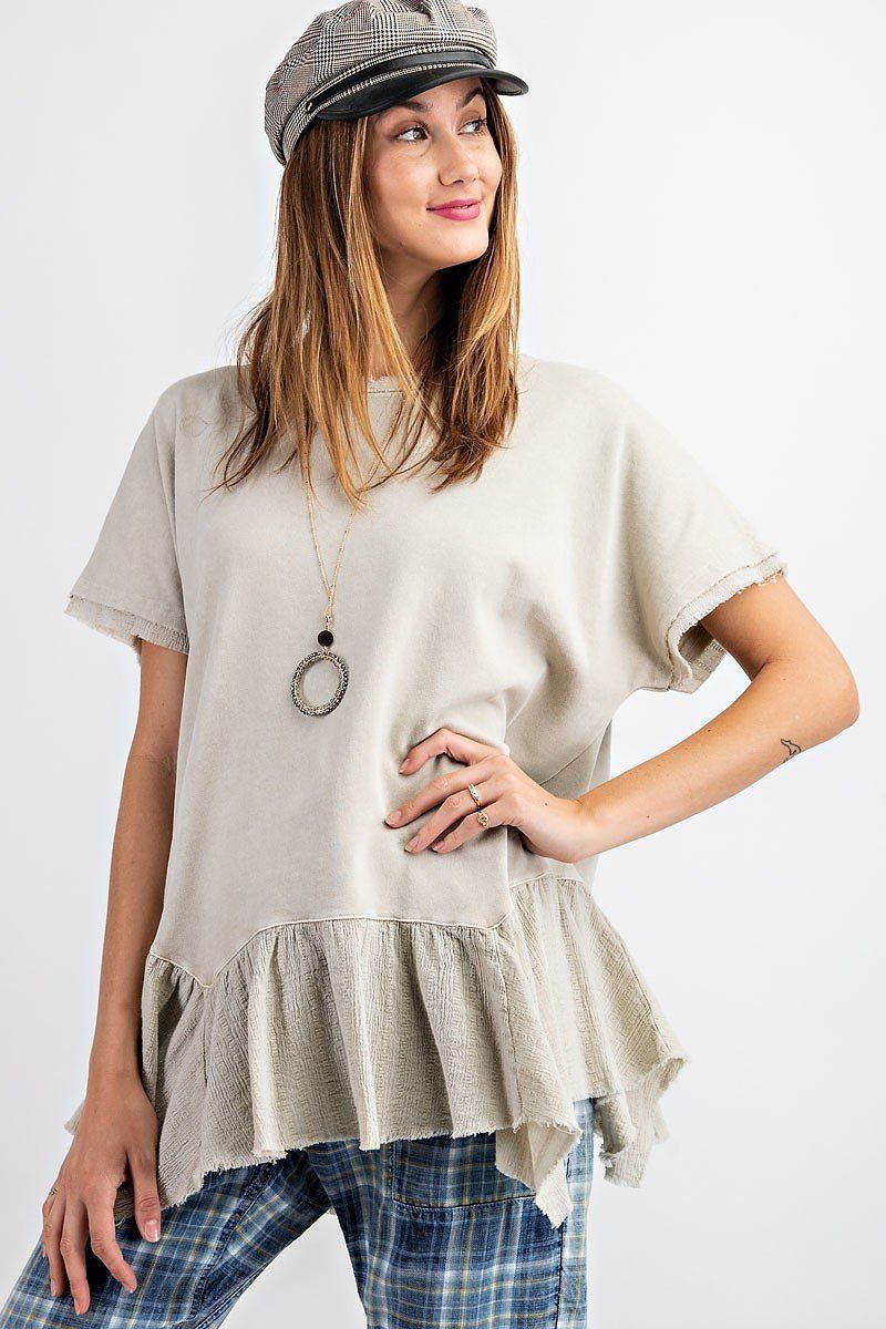 Short Sleeve Terry Mix Gauze Ruffled Bottom Tunic