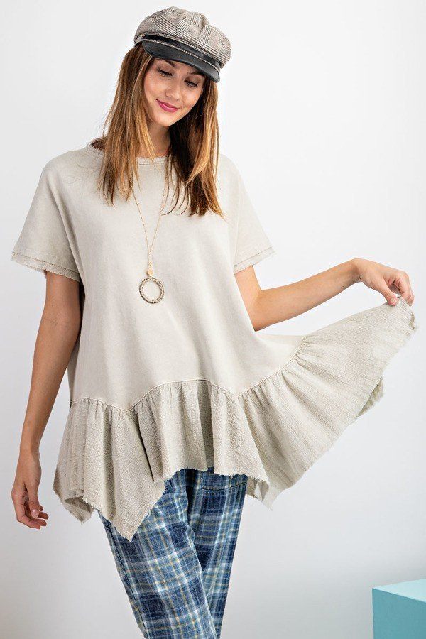 Short Sleeve Terry Mix Gauze Ruffled Bottom Tunic