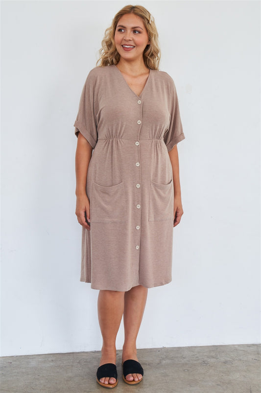 Comfy Mocha Fleece Short Sleeve Knee Length Button Up Dress