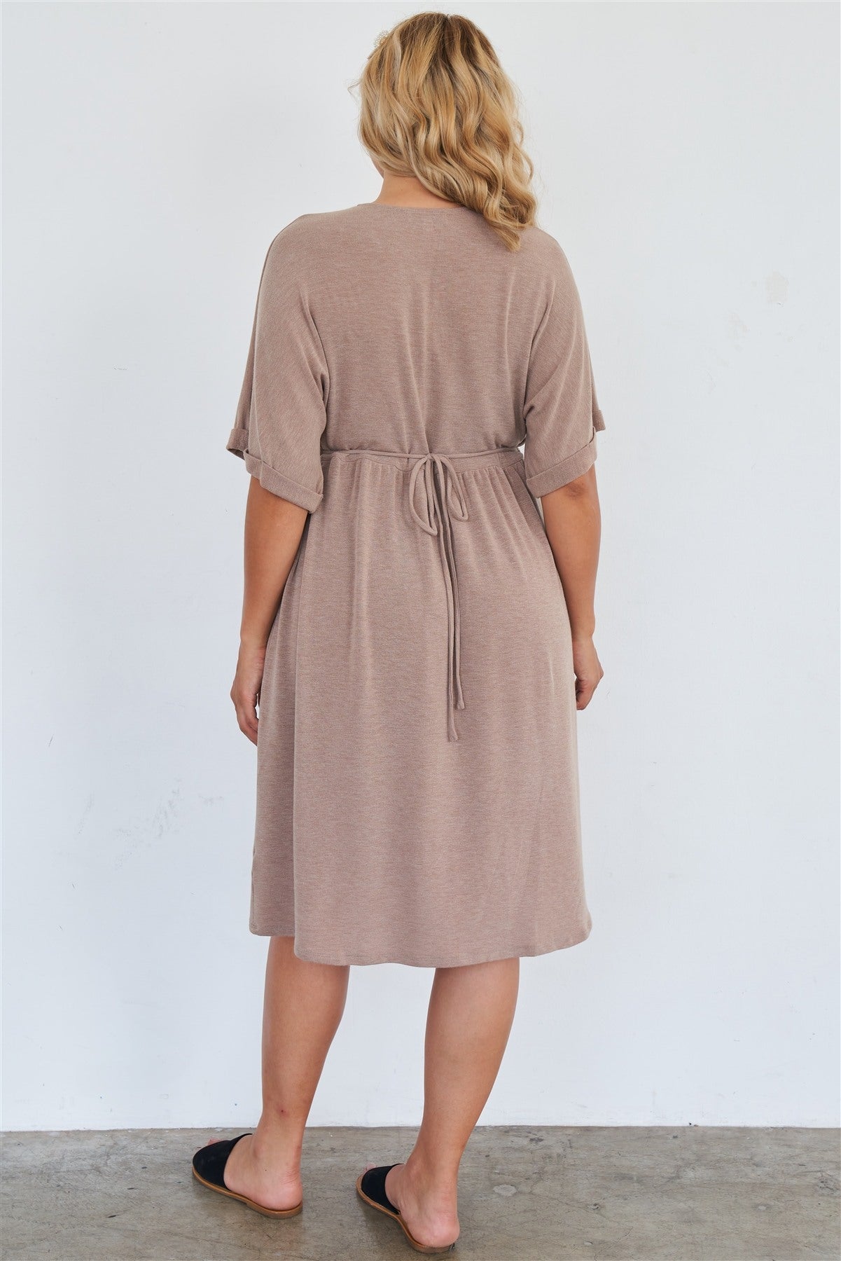 Comfy Mocha Fleece Short Sleeve Knee Length Button Up Dress