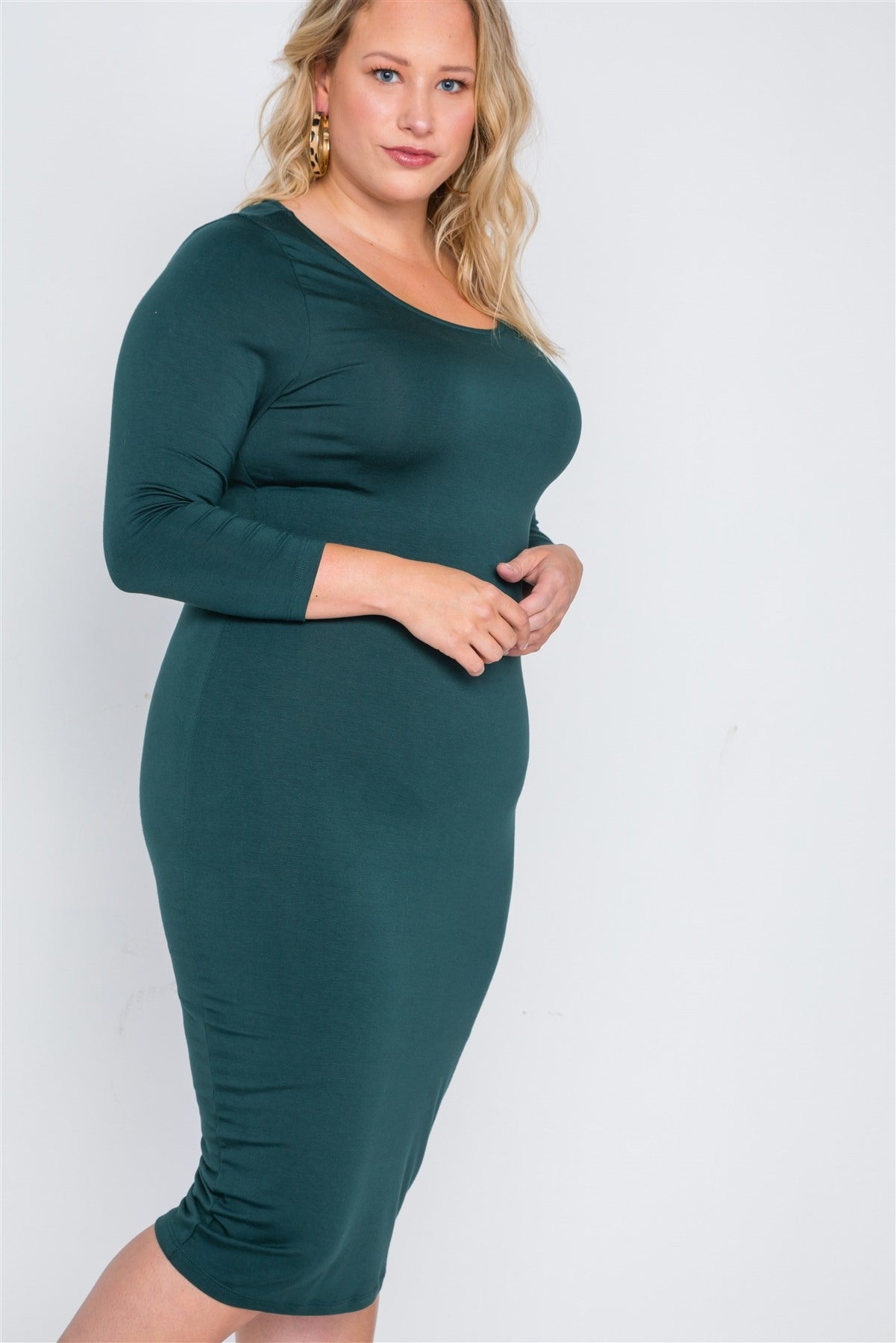 Plus Size Green Basic Long Sleeve Midi Dress