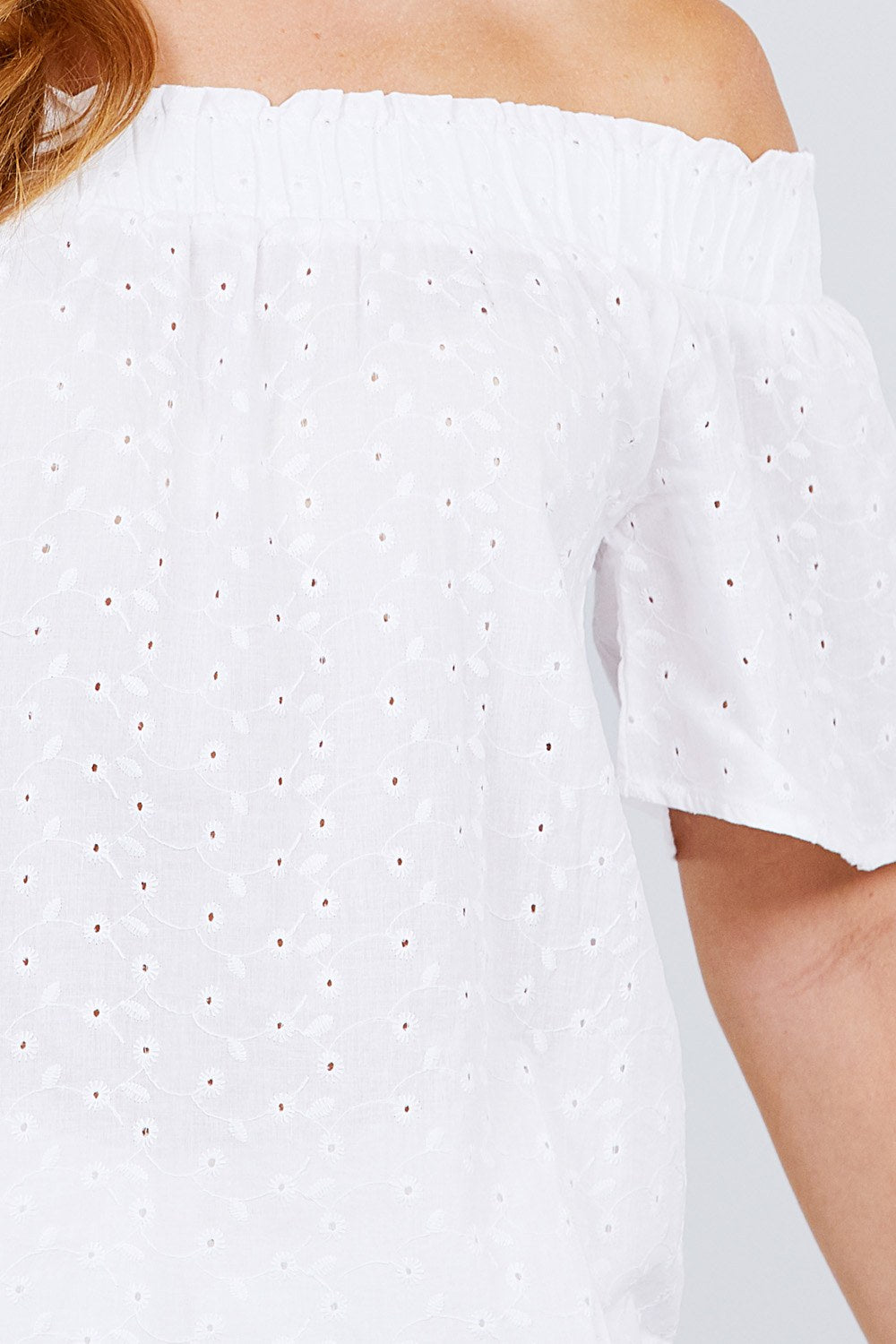 Short Sleeve Off The Shoulder Eyelet Woven Top