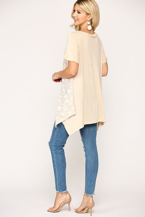 Star Textured Knit Mixed Tunic Top With Shark Bite Hem