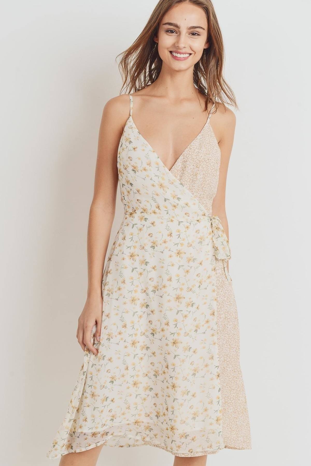 Floral Print Contrasted Side Tie Shoulder Strap Dress