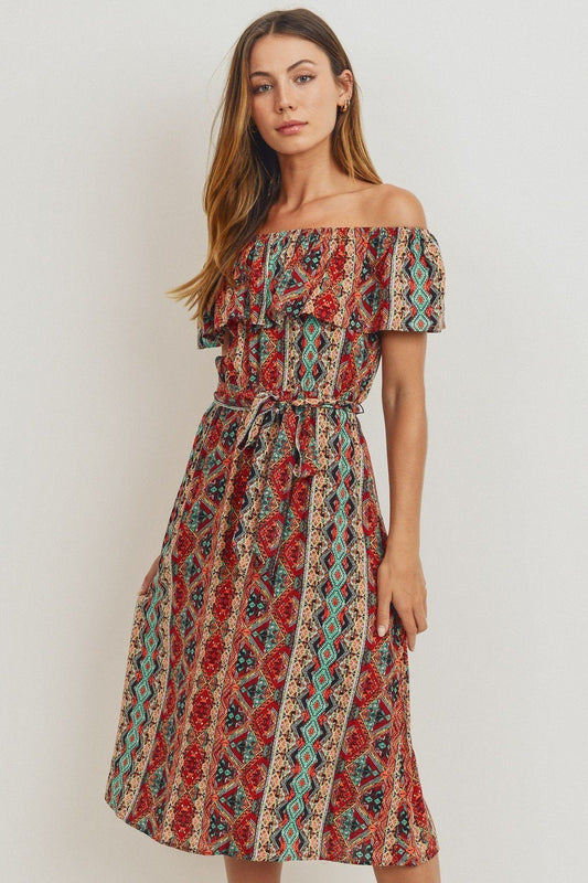 Off The Shoulder Waist Belt With Printed Midi Dress