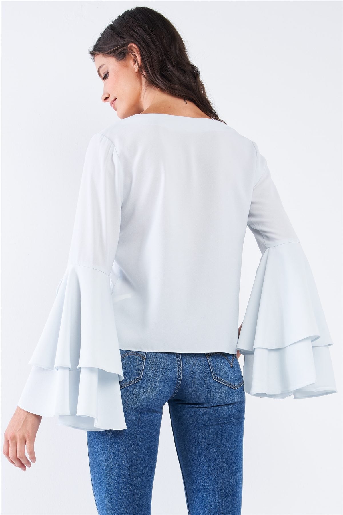 V-neck Long Bluebell Slit Draw String Tie Double Frill Sleeve Top