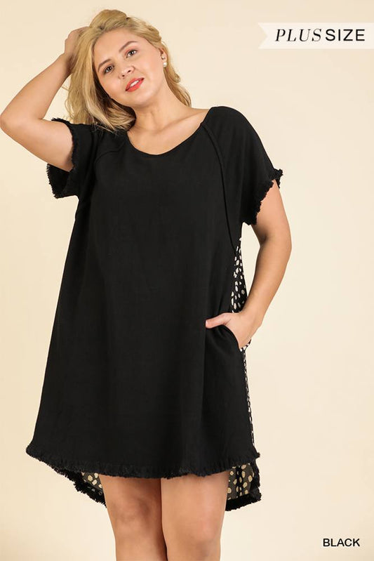 Short Ruffle Sleeve Round Neck Dress With Dalmatian Print Back And Ruffle Frayed Scoop Hem