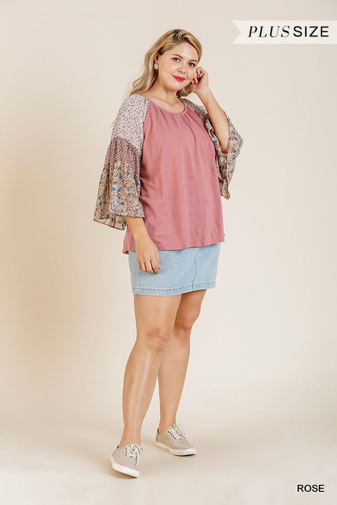 Sheer Mixed Floral Print Bell Sleeve Round Neck Top