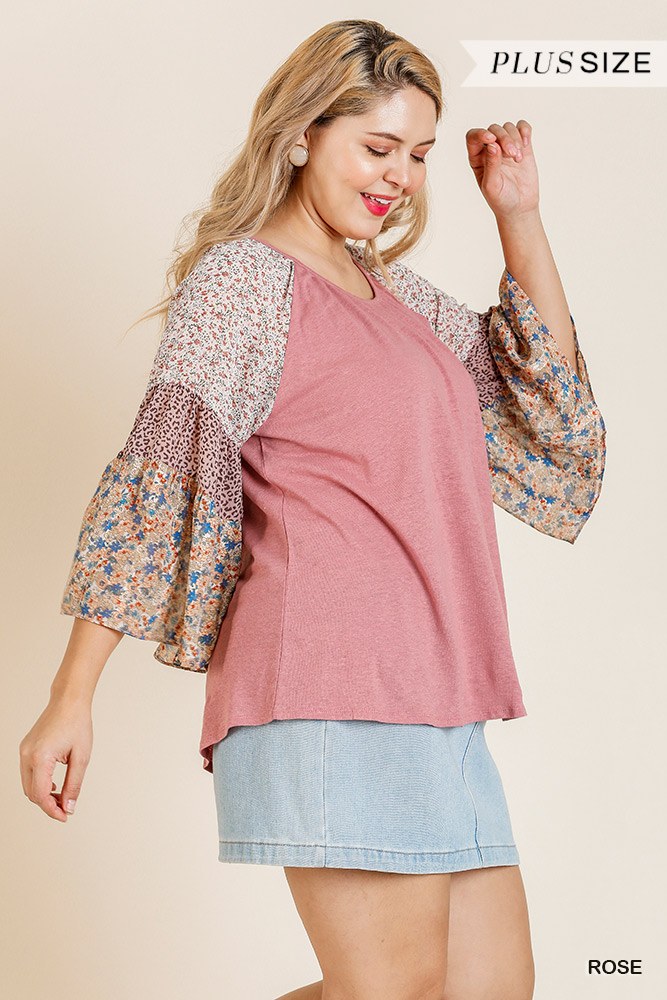 Sheer Mixed Floral Print Bell Sleeve Round Neck Top