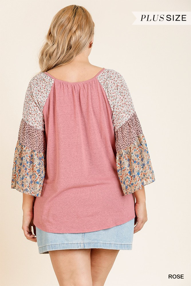 Sheer Mixed Floral Print Bell Sleeve Round Neck Top