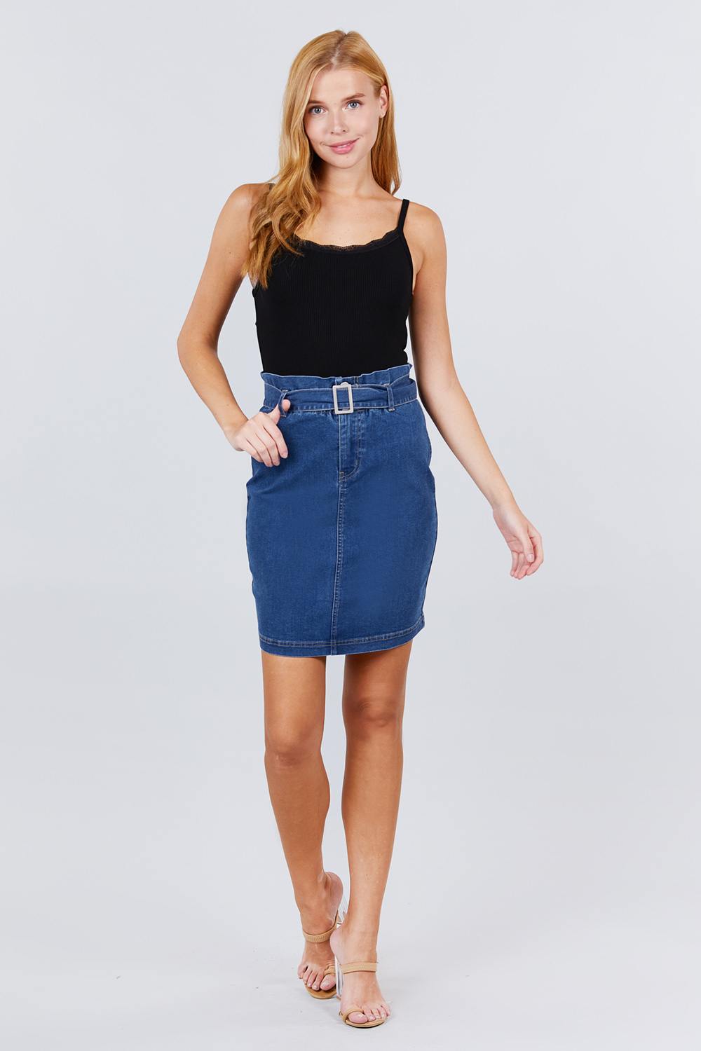 Elasticized Waist With Belt Side Pocket Denim Skirts