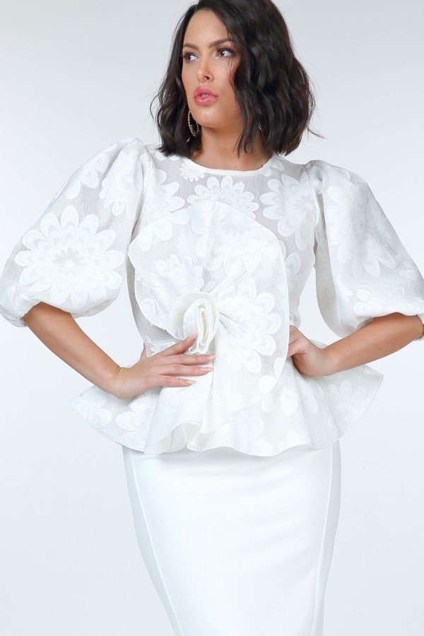 Puff Sleeve Flower Patch Lace Peplum Top