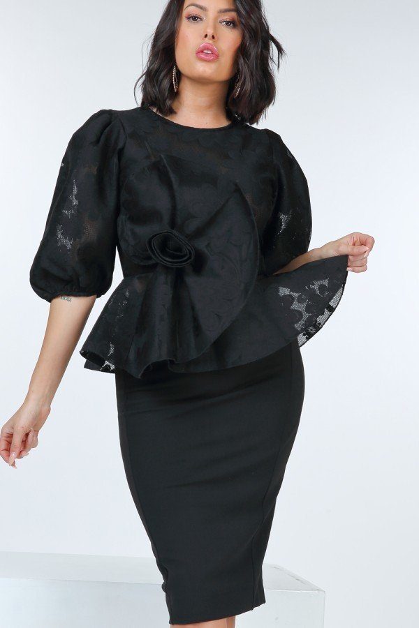 Puff Sleeve Flower Patch Lace Peplum Top