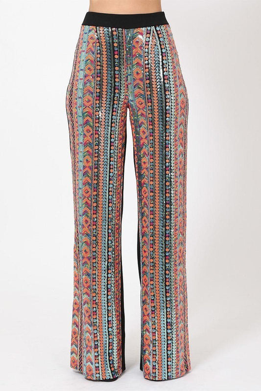 High Waist Colorful Sequins Pattern Pants