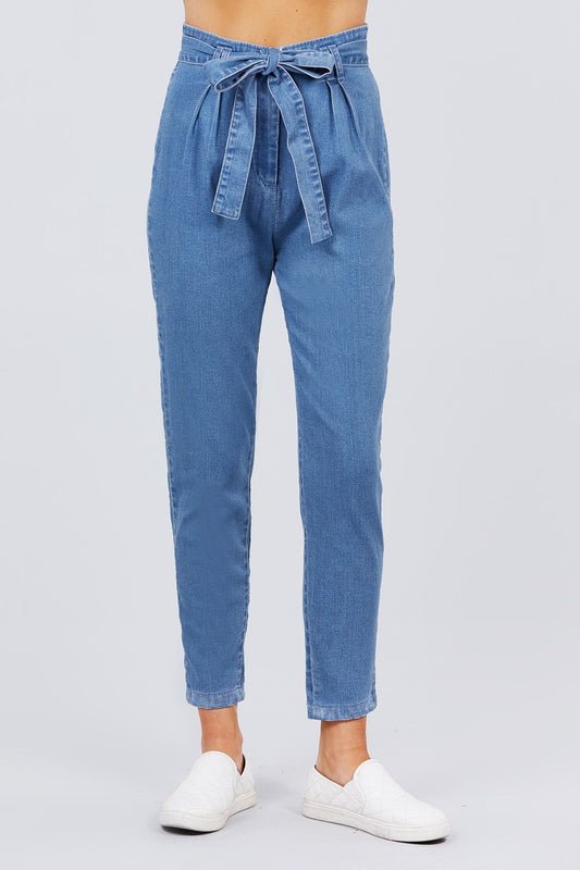 Front Tied Paper Bag Denim Long Pants