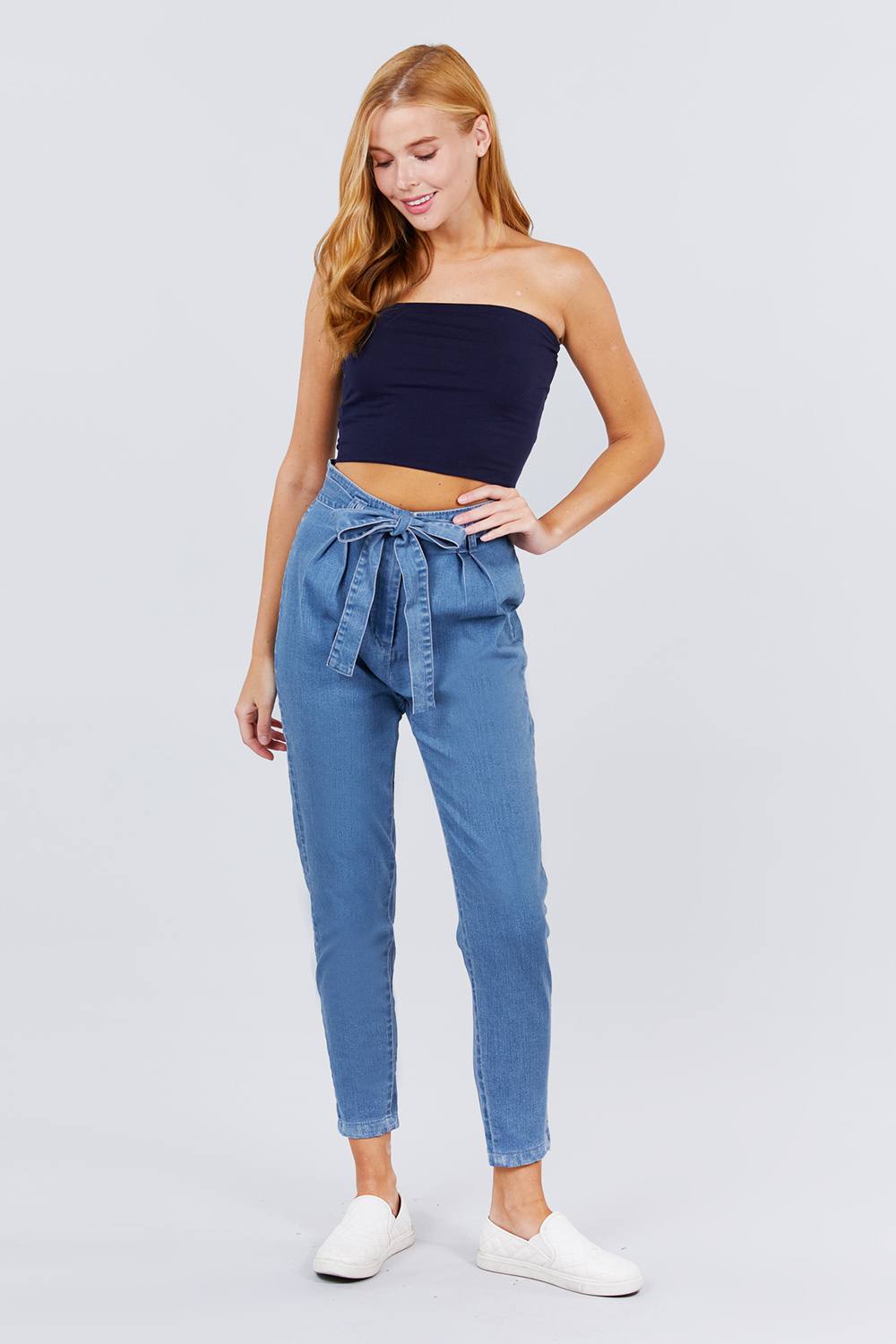 Front Tied Paper Bag Denim Long Pants