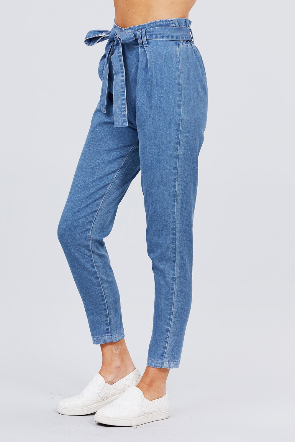 Front Tied Paper Bag Denim Long Pants