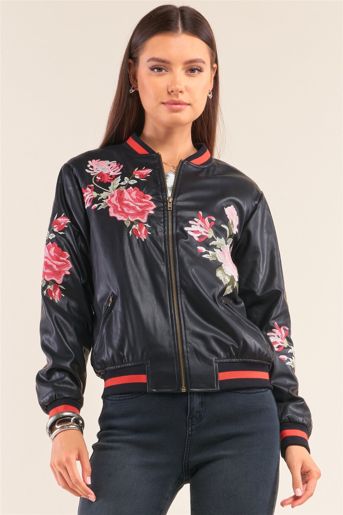 Rosa Black Vegan Leather Floral Embroidery Striped Hem Bomber Jacket