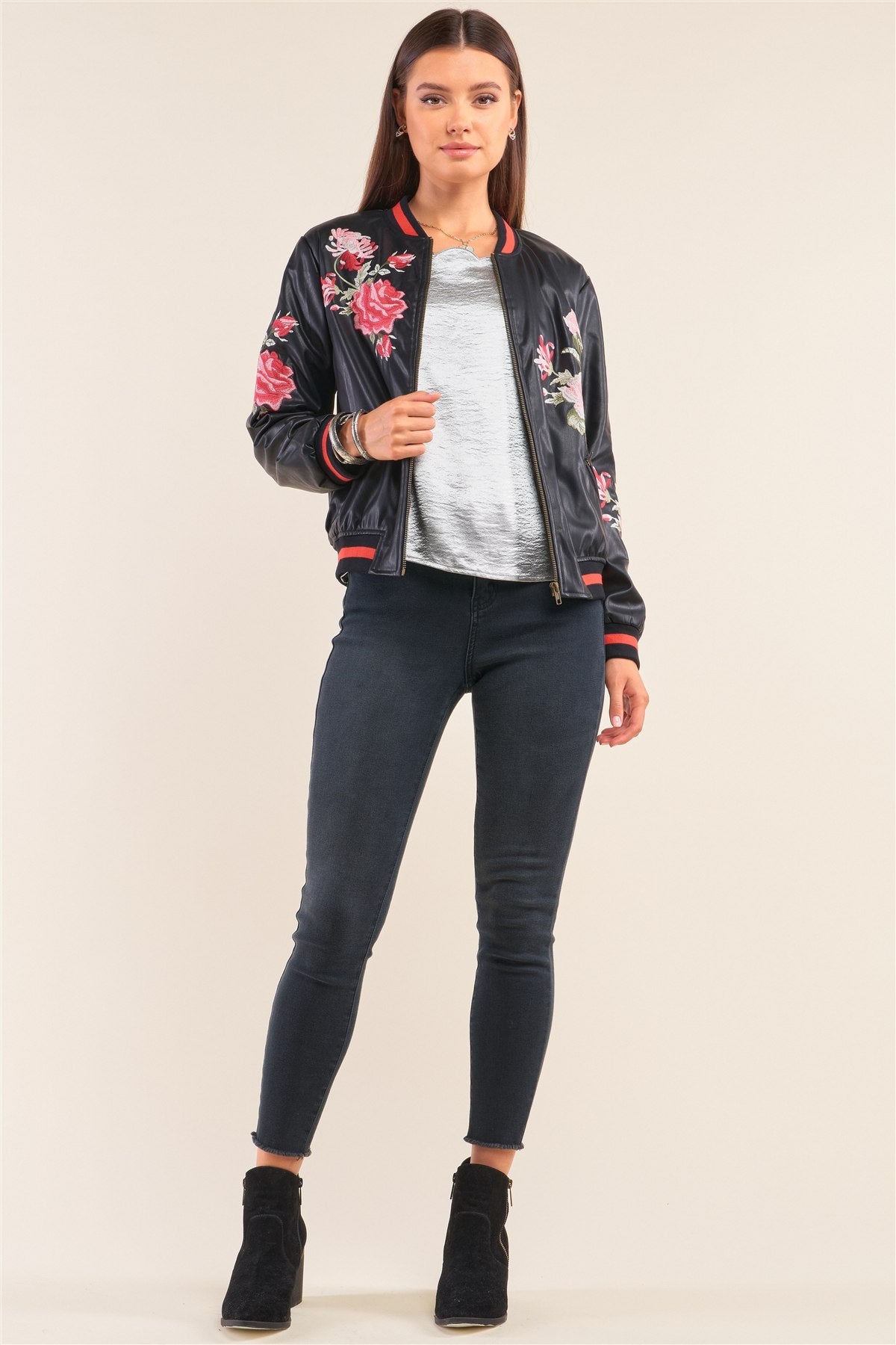 Rosa Black Vegan Leather Floral Embroidery Striped Hem Bomber Jacket