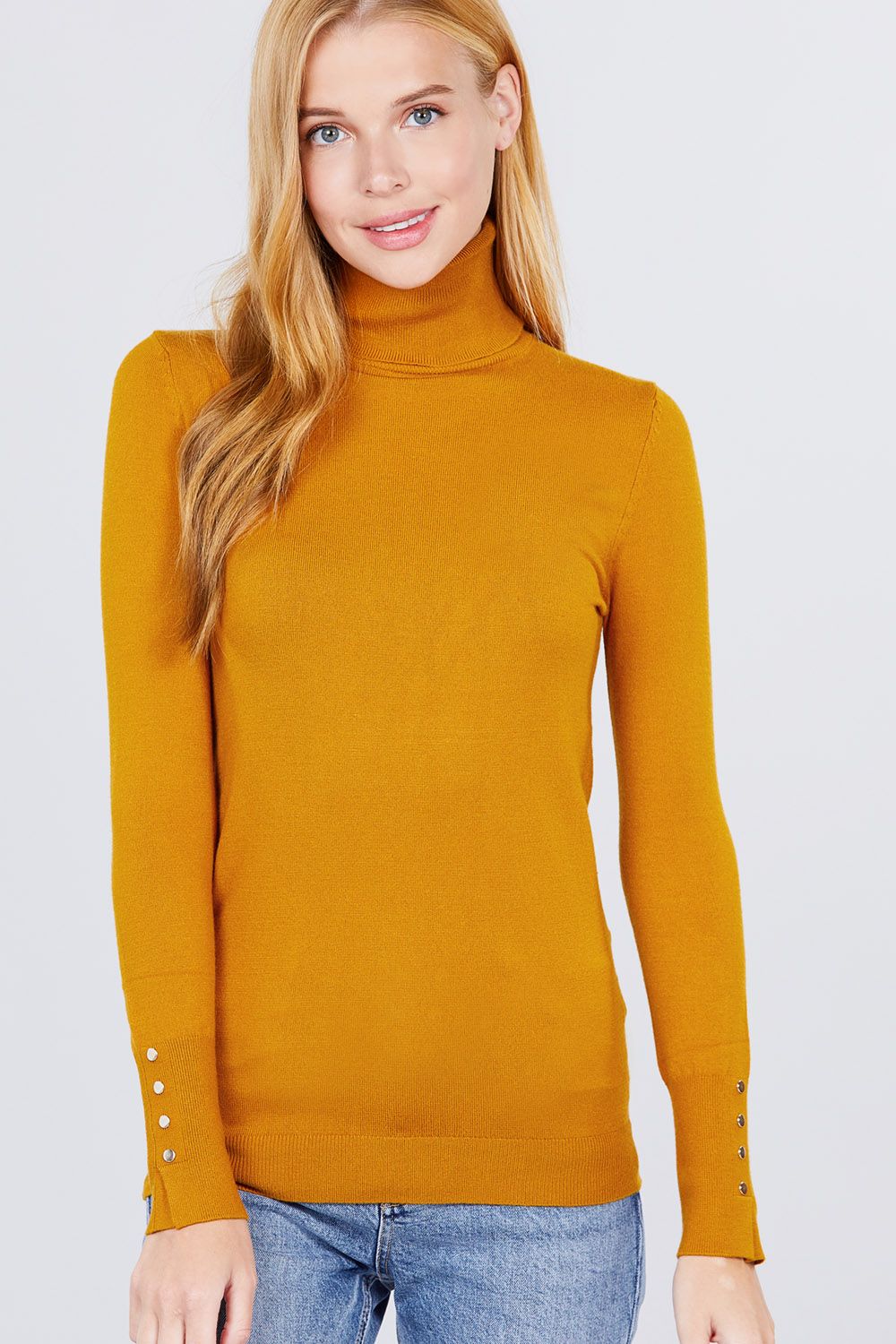 Long Sleeve With Metal Button Detail Turtle Neck Viscose Sweater