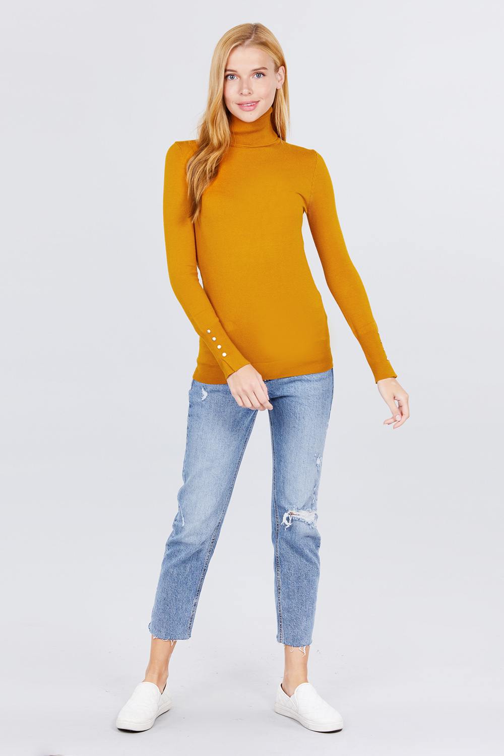 Long Sleeve With Metal Button Detail Turtle Neck Viscose Sweater