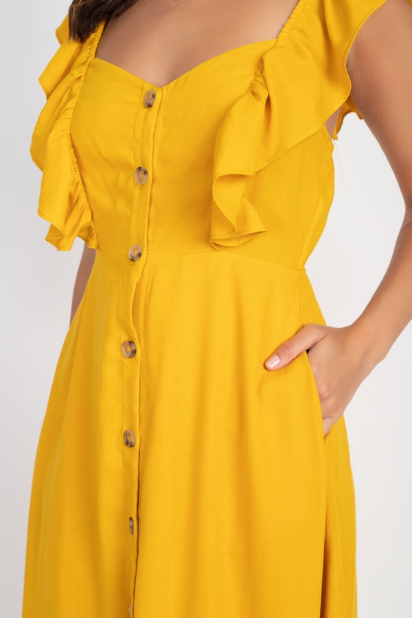 Button Front Ruffle Midi Dress