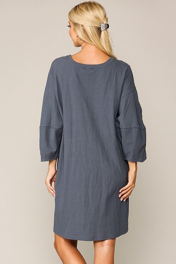 Textured Button Accent Puff Sleeve Side Pockets Shift Dress