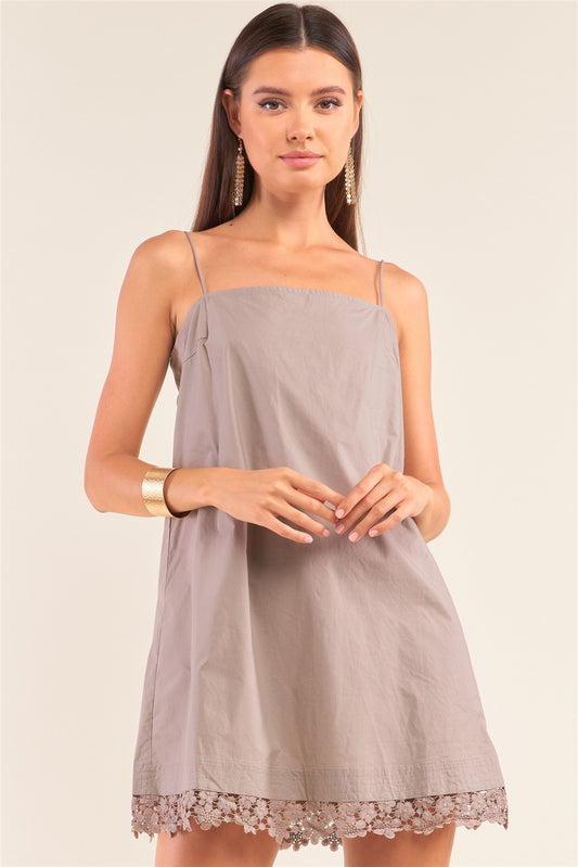 Mocha Lace Trim Swing Adjustable Cami Mini Dress