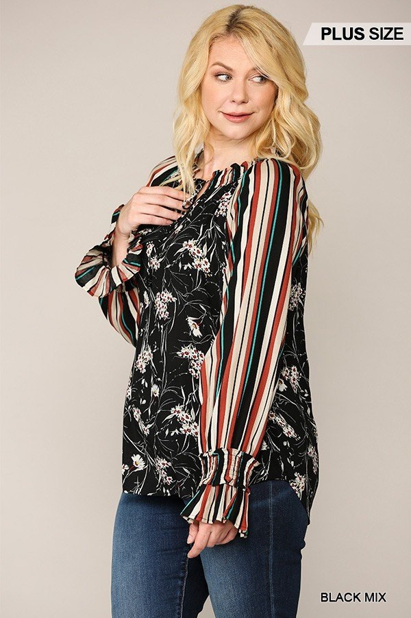 Print Mixed Peasant Smocked Top