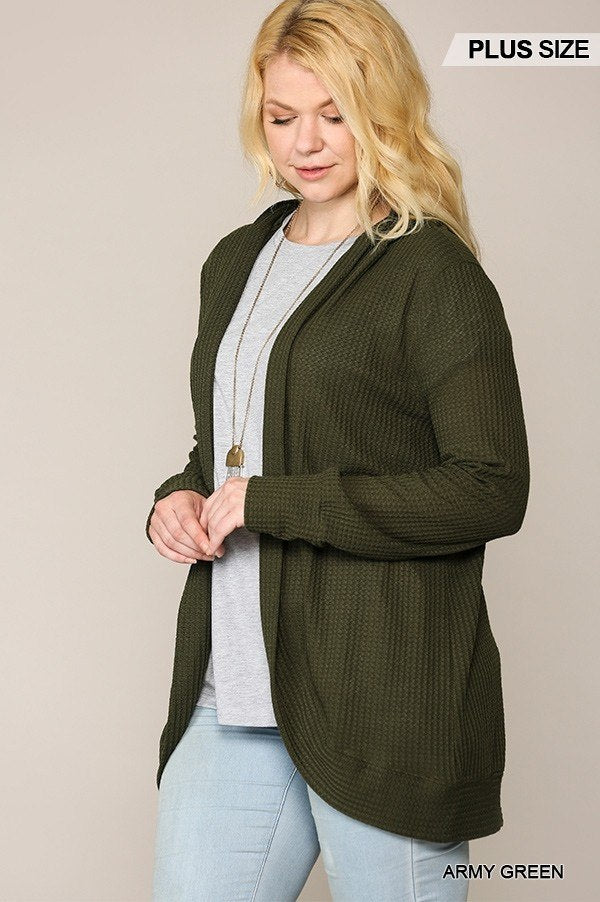 Solid Waffled Hoodie Cardigan With Lapel Collar